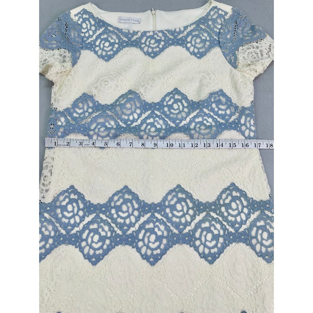 London Times Blue White Lace Sheath Dress Elegant Floral Crochet Overlay Size 6 - Picture 11 of 12